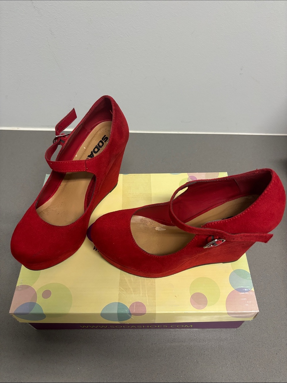 Soda Red Suede Mary Jane Wedge Pumps